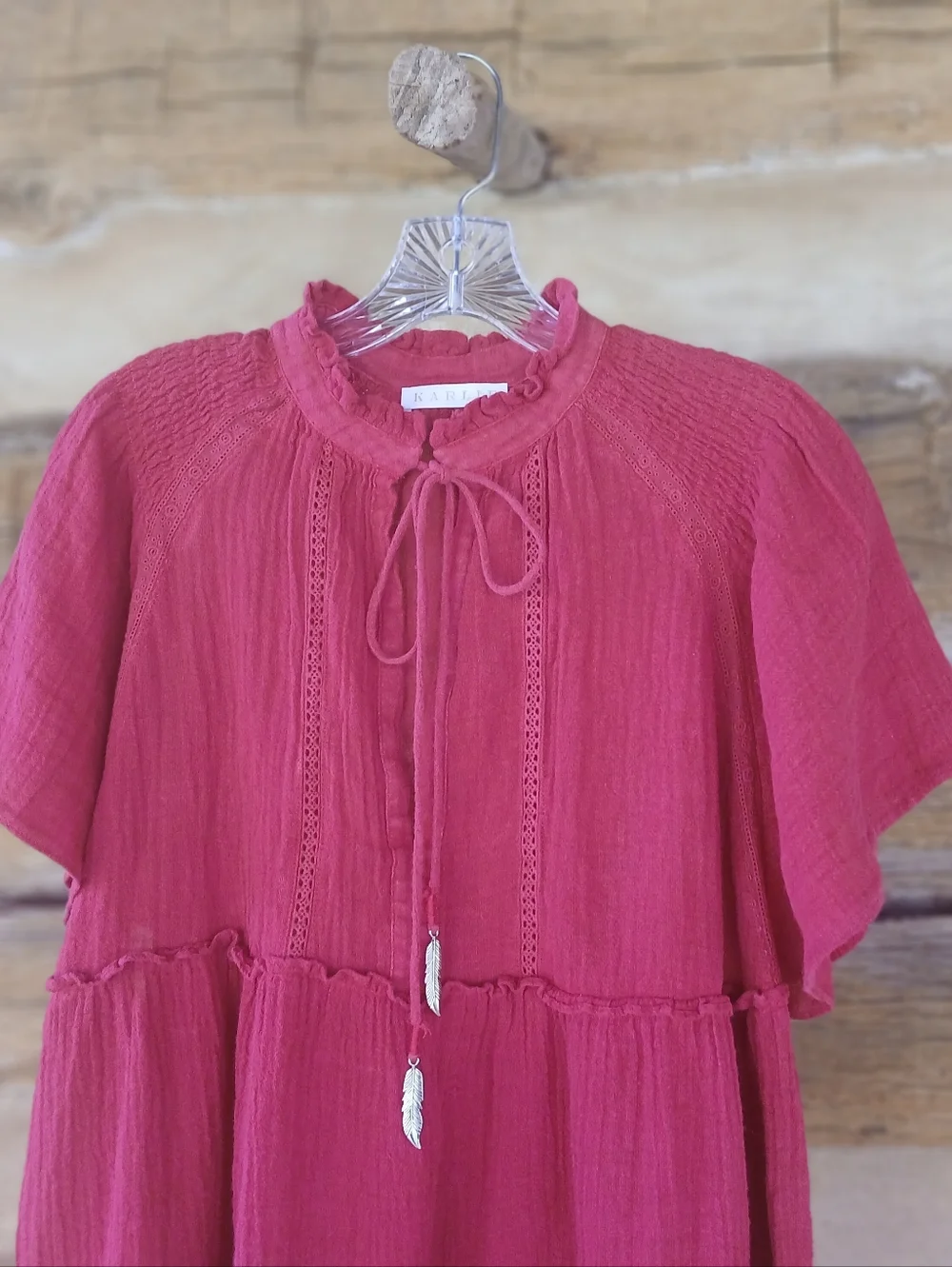 Karlie Red Flutter Sleeve Tiered Linen Cotton Mini Dress Medium - Picture 2 of 9